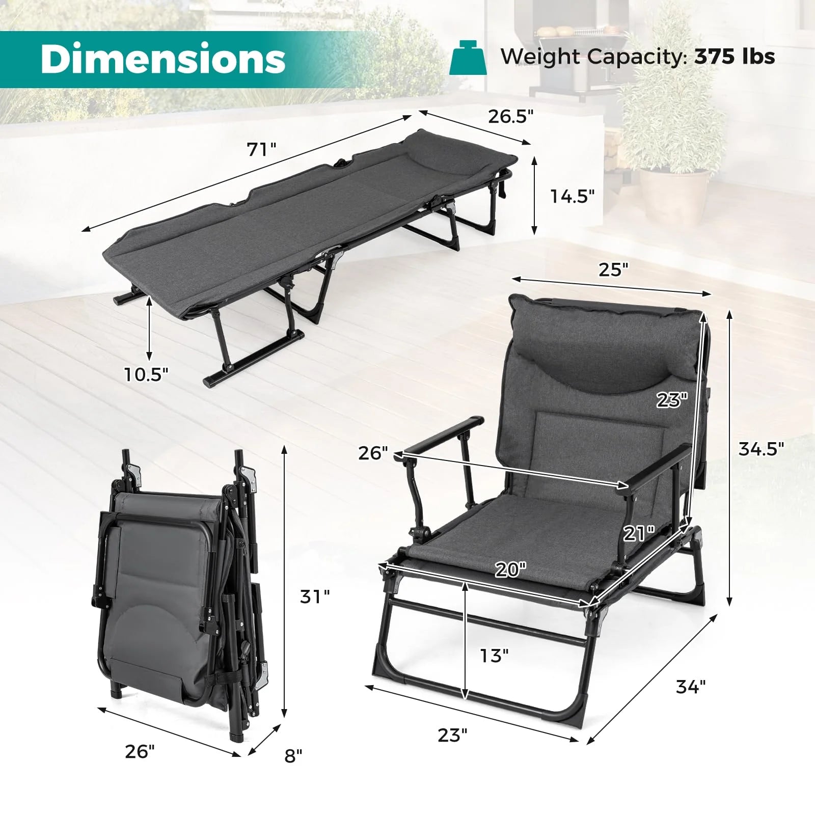 Tangkula 3 in 1 Folding Camping Cot Comfy Padded Convertible Single Sofa Chair