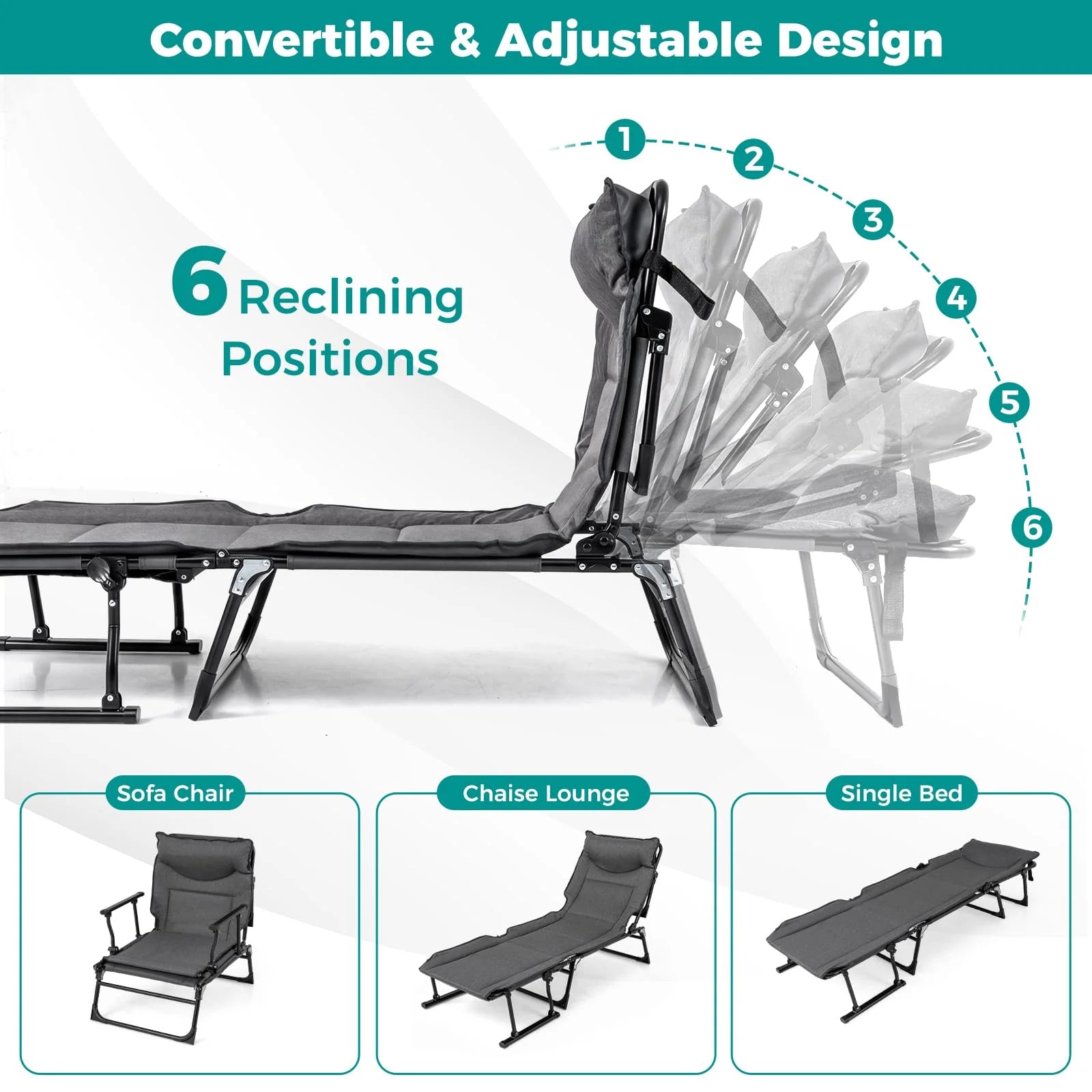 Tangkula 3 in 1 Folding Camping Cot Comfy Padded Convertible Single Sofa Chair